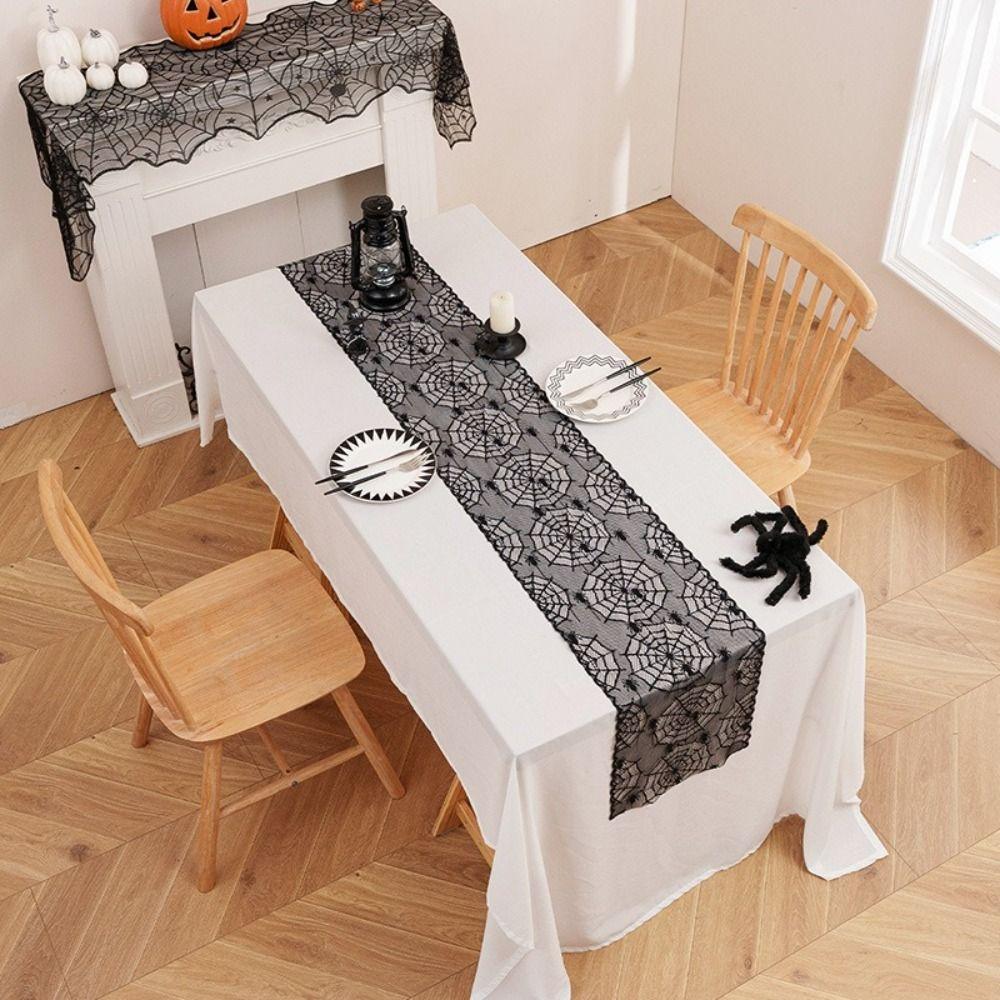 Black Color Black Lace Table Runner Long Length Spider Web Table Runner  Table Decor
