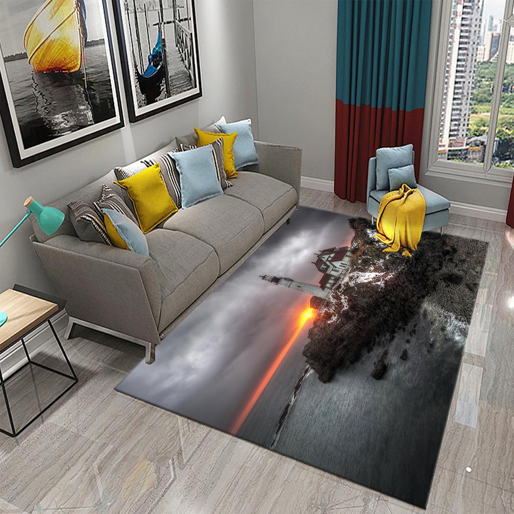 Bathroom Kitchen Entrance Non-slip Living Room Bedroom Floor Rug Lighthouse Rug Sunset Beach Theme Rug