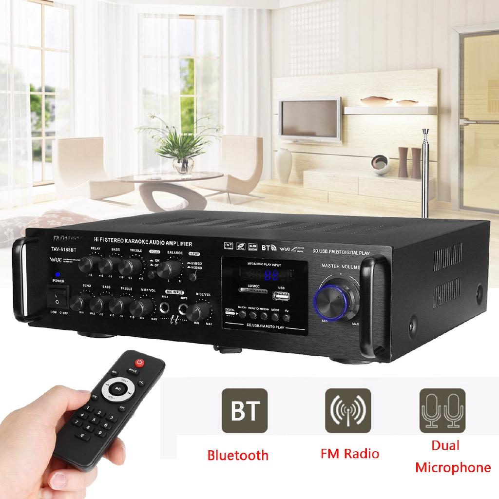 4ohm Bluetooth Stereo Karaoke Amplifier 2000W Support 2 MIC Input FM RC 110-230V