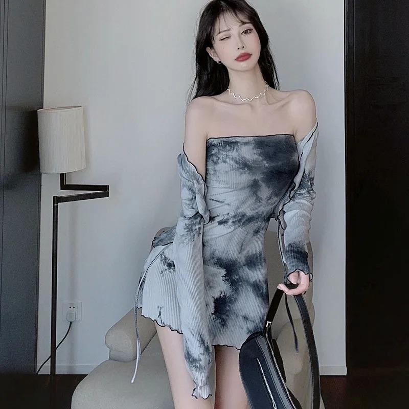 2ks sada podzimní kravatový design Sense Tube Top šaty Ženy Módní Cardigan Top Ležérní Elegantní dvoudílný oblek Plážový styl