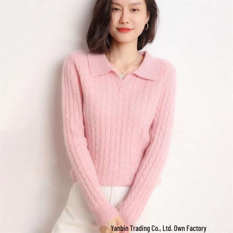 Women's Cable Knit Cashmere Polo Collar Sweater with Lapel and Long Sleeves