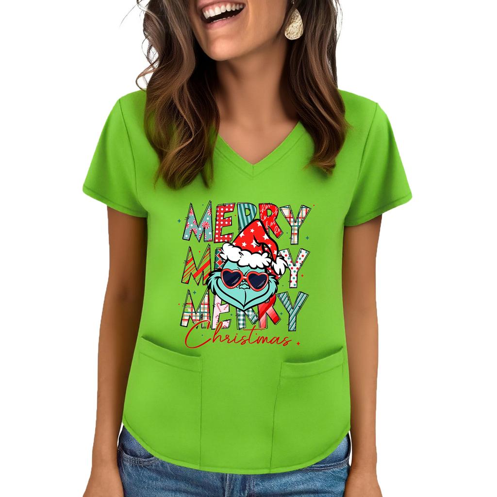 Women's V-neck Christmas Print Short-sleeved Pocket Side Slit Uniform Top