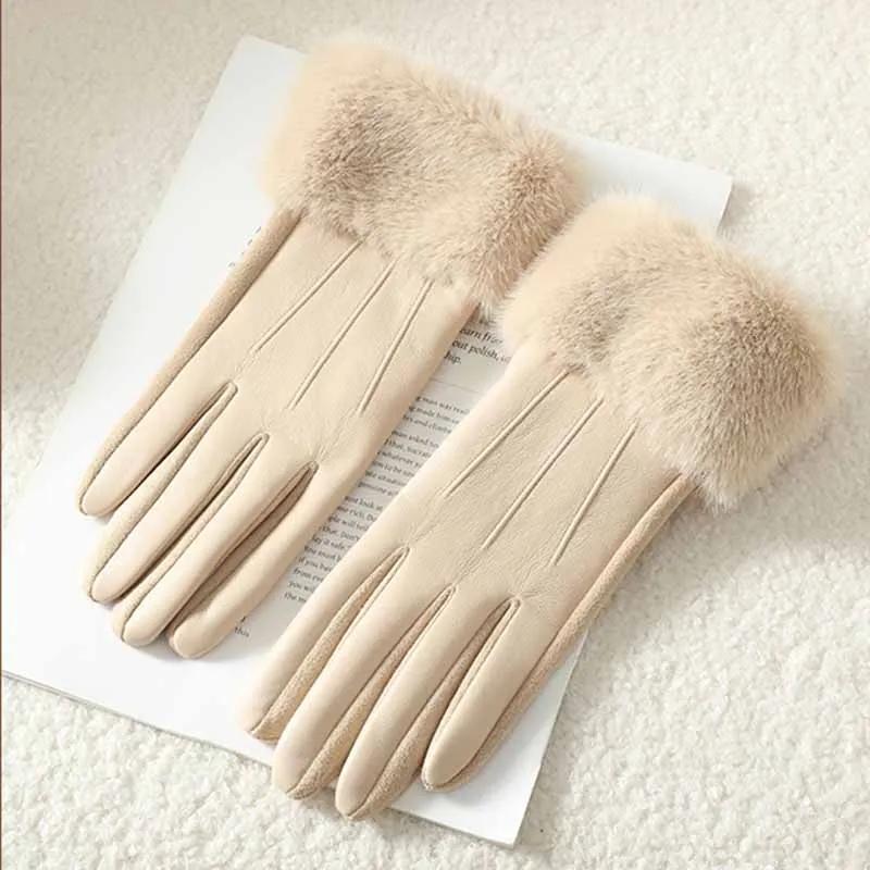 Fashion Elegant Party Warm Touch Screen Drive Cycling Winter Luxury Women PU Leather Gloves Wrist Soft Faux Fur Trim Cuff