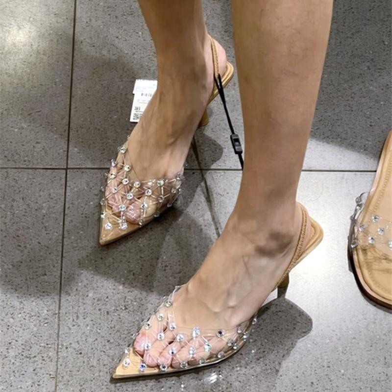 Fashion Luxury Rhinestone Mesh Transparent PVC Women Sandals Summer New Pointed Toe Thin High Heels Fashion Designer Banquet Dress Shoes