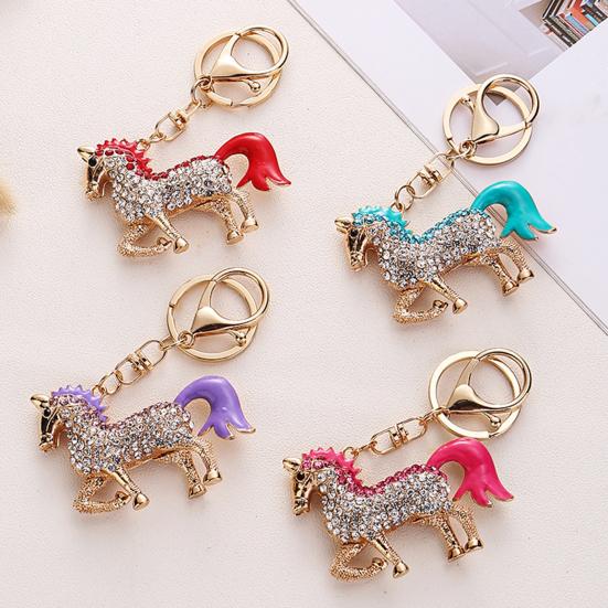 Keychain Pendant Chinese Style Rhinestones Inlaid 3D Chinese Zodiac Horse Design Key Chain Metal Charm Bags Keyring