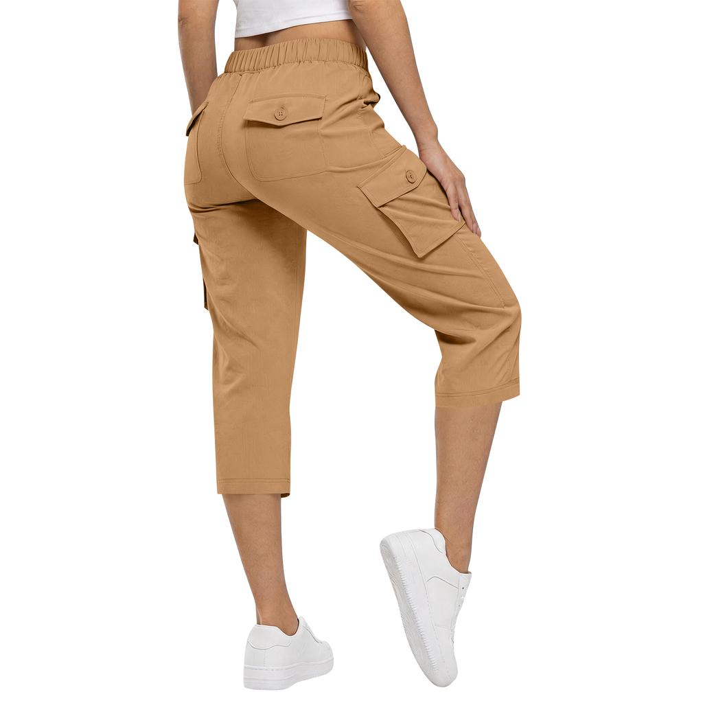 Dames Hoge Taille Casual Capri Broek met Meerdere Zakken Losse Pasvorm Tailleband met Trekkoord voor Dagelijkse Buitenactiviteiten