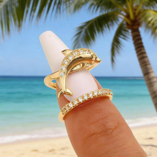 Gold Sea Animals Ring for Women Rhinestone Seahorse Turtle Dolphin Starfish Seashell Double Layer Adjustable Ring Bohemian Beach Jewelry Gift for