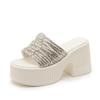 European Station 2025 Summer New Product Slope Heel Thick Bottom Heightened Feminine Rhinestone Surface One-word Slippers Wear Cool Slippers