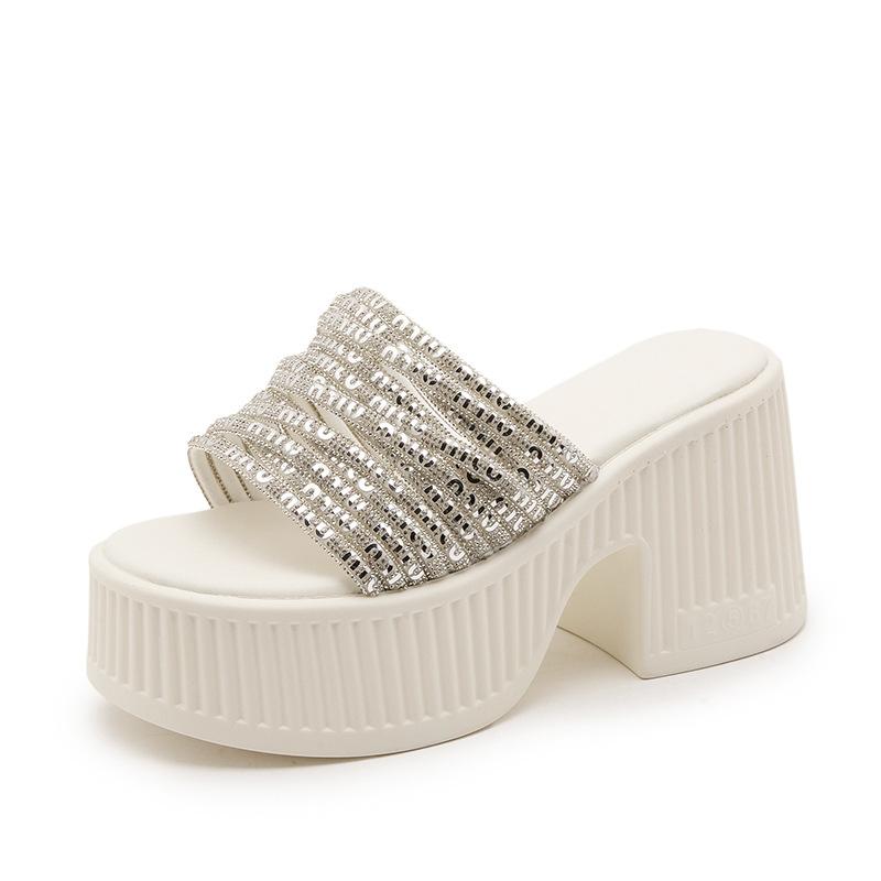 European Station 2025 Summer New Product Slope Heel Thick Bottom Heightened Feminine Rhinestone Surface One-word Slippers Wear Cool Slippers