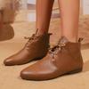 Women's Retro Pointed Toe Lace-Up Flat Ankle Boots, Soft Leather, Versatile Martin Style for Spring 2025.