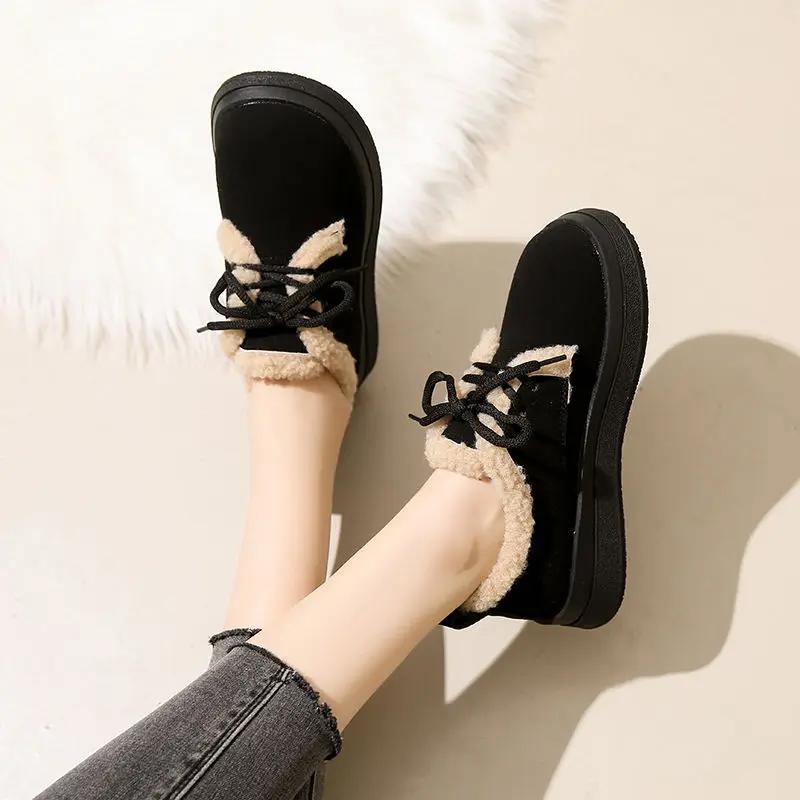 Fashion Ladies Snow Boots with Laces Black Suede Round Toe Elegant Low Heels Female Shoes Lace-up Y2k Lamb Winter Waterproof Non Slip 39