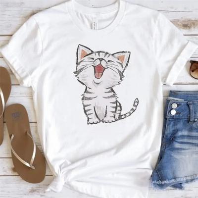 Cat Cartoon T-Shirt Crew Neck T-Shirts Casual Short Sleeve Shirts Spring & Summer Women's Clothing Fashion Simple Short Sleeve