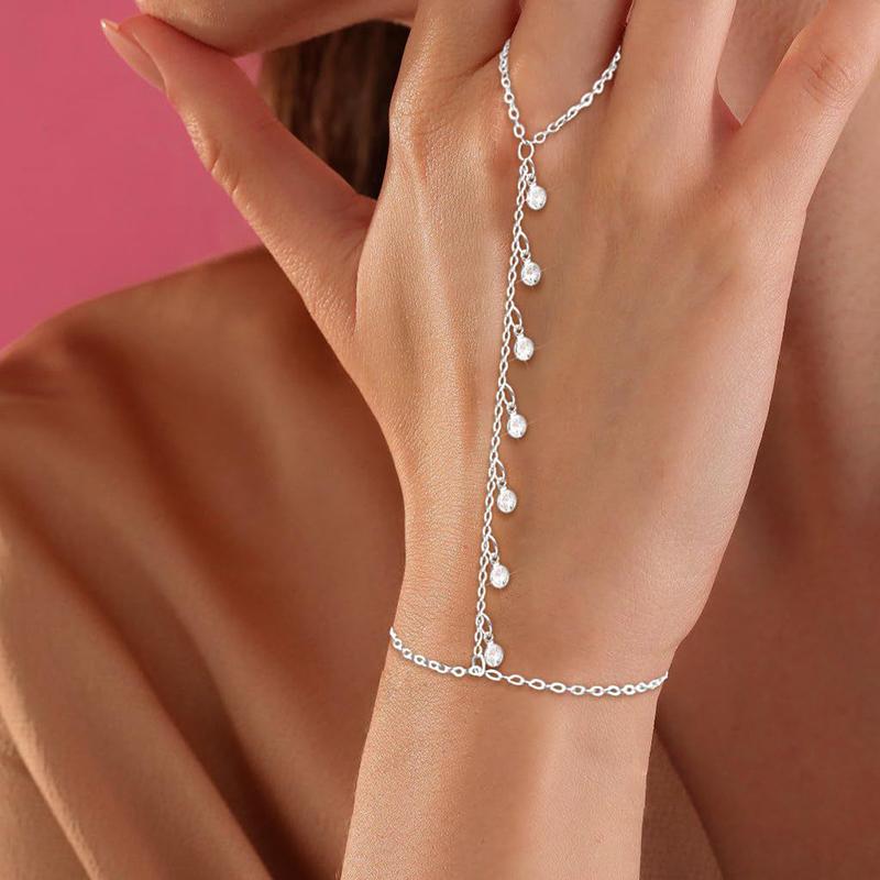 Shiny Zircon Teardrop Connected Finger Ring Bracelets For Women Tassel Link Chain Bracelet Party Jewelry