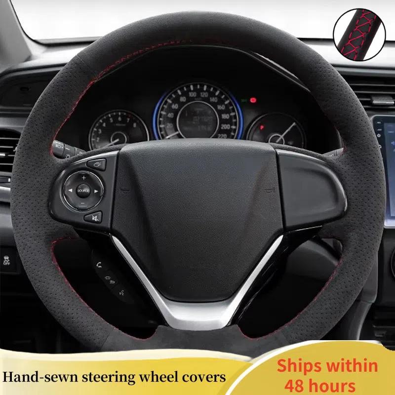 Car Steering Wheel Cover Suede Leather For Honda Fit CRV Crider Honda Civic Steering Wheel Braid Car Accessory Red Thread