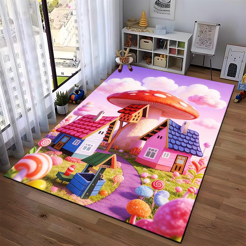 Fantasy Mushroom Village Carpet with Colorful Candy Land Theme Design Suitable for use as an anti-slip for living room bedroom sofas