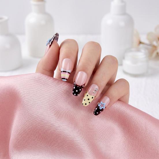 1 Set Press On Nails Salon Quality Almond French Tip Stick-on Fake Nails Removable 3D Charm Women Full Cover Glue On False Nails