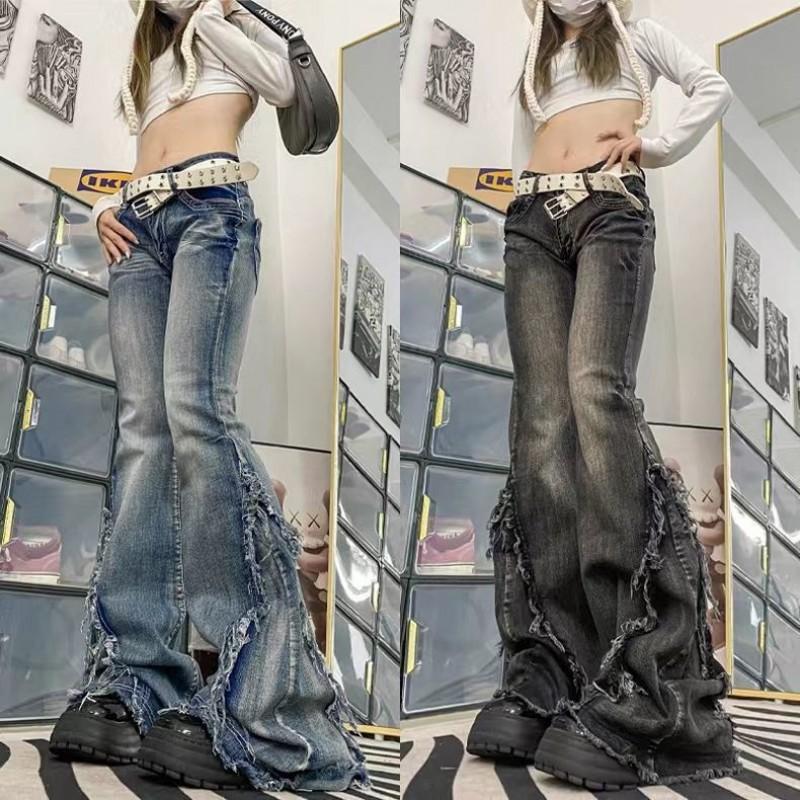 Womens Relaxed Fit Wide Leg Jeans With Raw Hem Detail Mid-Rise Flared Trousers Fall Winter