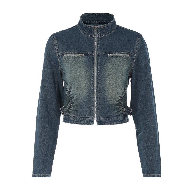 

Women s Denim Long-Sleeved Tops Brushed Zipper Cardigan Blue Outwear S