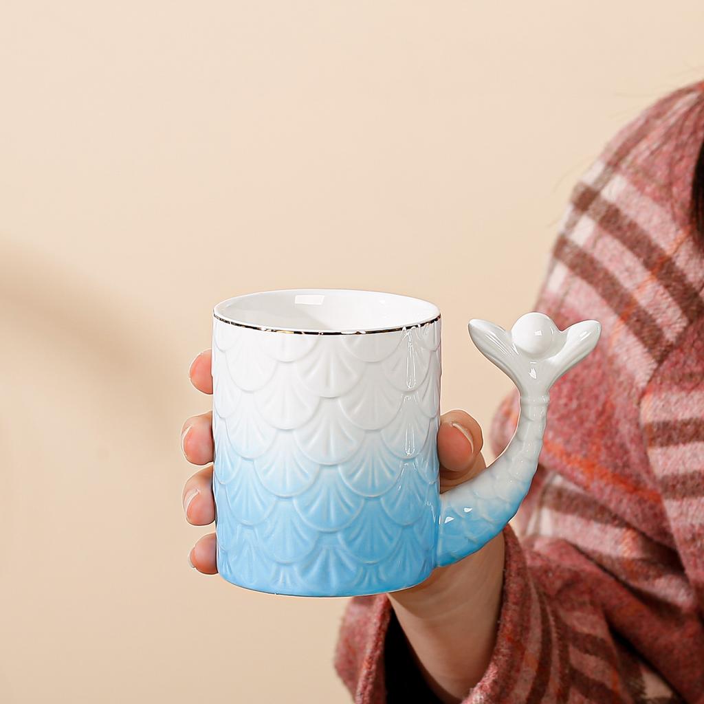 Creatieve Mok met Reliëf van Zeemeerminschubben Hoge Precisie Enkele Kop met Handvat Waterbeker Verloopbeker Kantoorbeker Souvenir Cadeau