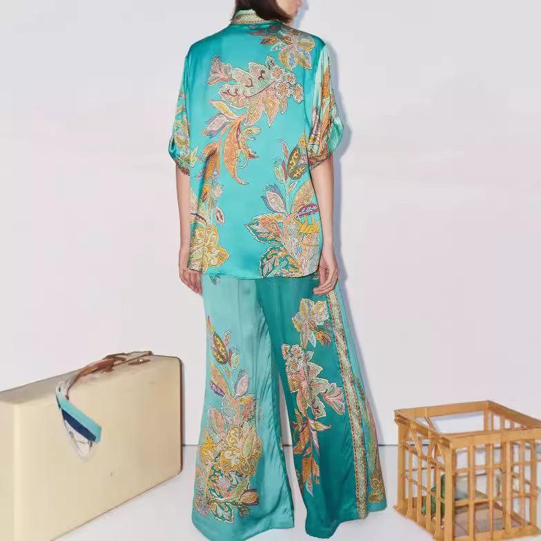 1116 new European and American retro printing satin short-sleeved lapel shirt + trousers casual suit