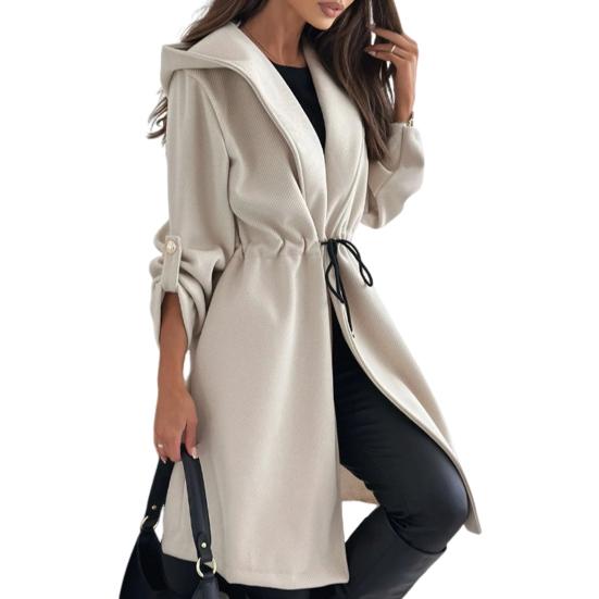 Wintermantel für Damen, Kordelzug, schmale Taille, Kapuze, dick, einfarbig, mittellang, warm halten, lange Ärmel mit Manschettenknöpfen, Pendler-Reisemantel