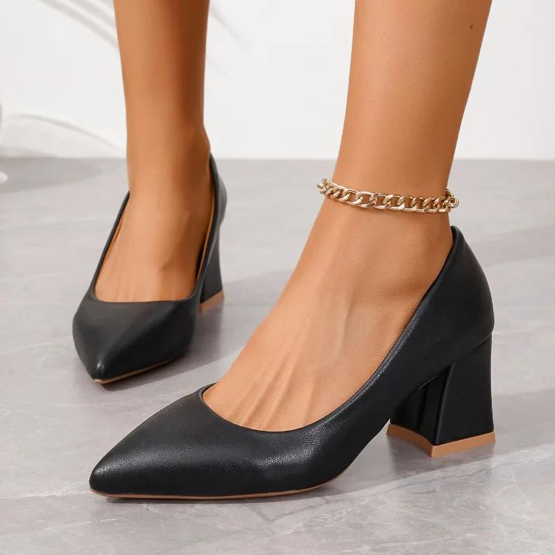 Fashion Fashion Office Formal Dress Shoes Plus Size Elegant Pointed Toe Solid Black Pu Pumps Women 2025 White Square Medium Heel Pumps