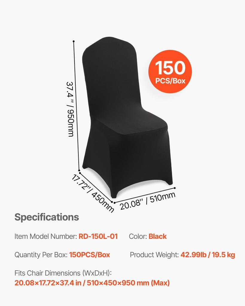 VEVOR 150 Pcs Black Chair Covers, Polyester Spandex Chair Cover, Stretch Slipcovers for Wedding Party Dining Banquet Flat-Front Chair Covers