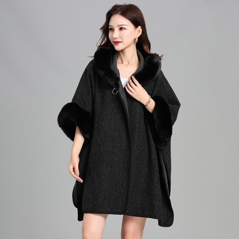 European and American Imitation Rabbit Fur Collar Hooded Large Shawl Cape Women's Knitted Cardigan Thick Loose Mid-length Fur Coat for Women