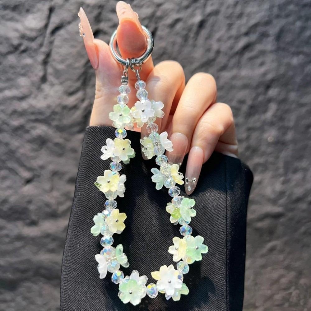 Flower Beaded Mobile Phone Lanyard Crystal Gradient Phone Wrist Lanyard  DIY Hanging Pendant