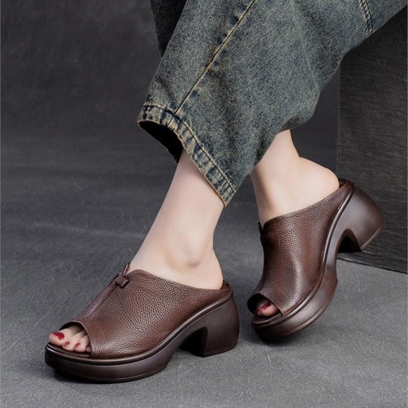 Johnature Sandalias retro de piel auténtica con suela gruesa y punta abierta, zapatos casuales y cómodos para mujer