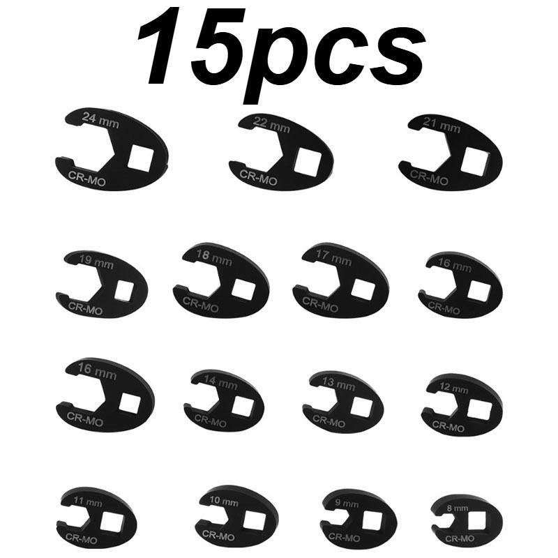 15Pcs Crowfoot Wrench Set for 8-24mm Trumpet Nuts, Suitable for 3/8" and 1/2" Drive Ratchet Extensioners, for Nut Removal