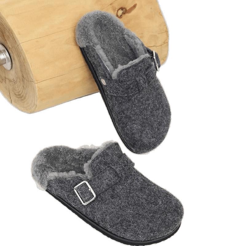 Women's Gray Thick-Soled Birkenstock Plush Closed-Toe Slippers - Autumn/Winter 2024