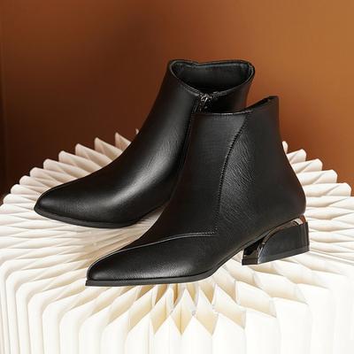 Womens Boots Temperament Pointed Toe Leather Boots High Quality Casual Ankle Boots Side Zipper Women's Short Booties Botas Mujer