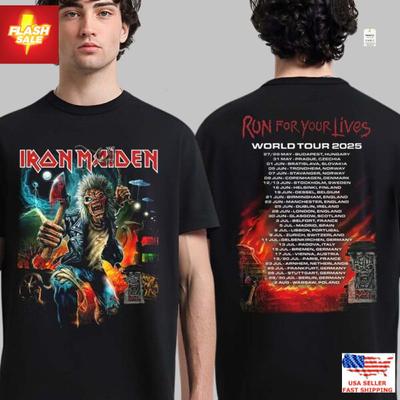 Iron Maiden World Tour 2025 Maglietta Run For Your Lives Date Europee Edizione Limitata T-Shirt Unisex
