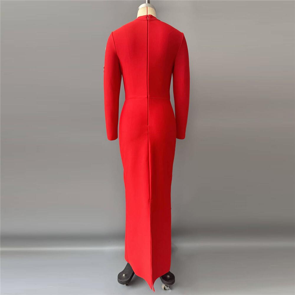 European-Style Rhinestone Beaded Slim Fit Evening Gown with Long Sleeves