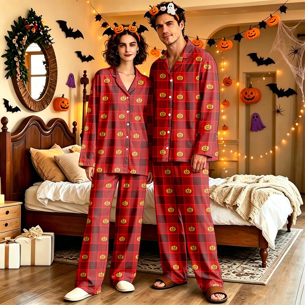 Adult Halloween Print Long Sleeve Pajama Set with Pants, Casual Loose Fit Loungewear