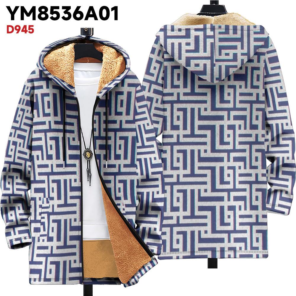 New Jacket: Multi-colored Pattern Elements, Zipper Hooded Cardigan, Thickened Winter Fleece Padded Clothes, Yellow Lining, Trendy Cotton Clothes