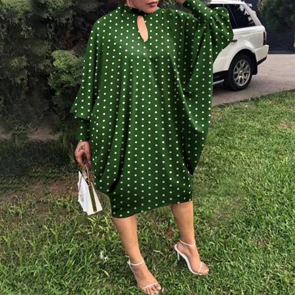 European Beautiful Women's Long-sleeved Holiday Party Dress Casual Loose Polka Dot Print Medium and Long Dress