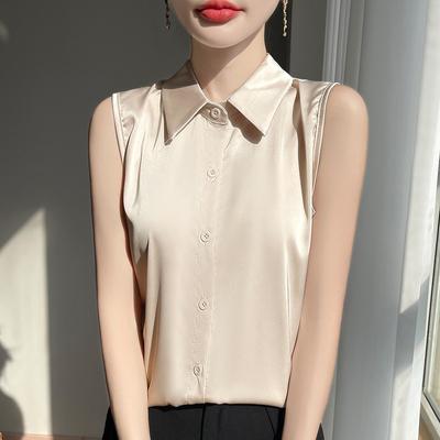 Chemise Sans Manches à Col pour Femme Printemps Été Blouse en Satin de Soie Fond de Robe Col Tank Top