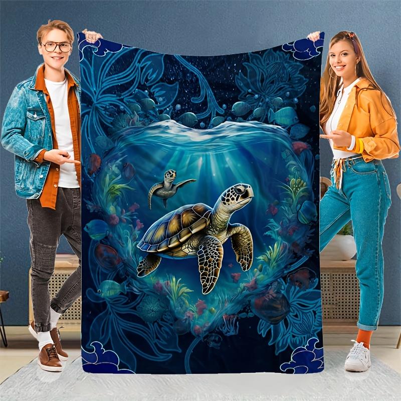 1pc Vintage Underwater World Turtle Print Flannel Blanket-Soft Warm All-Season Throw with Vibrant Sea Life Design, Perfect for Sofa, Bed, Office & Tra