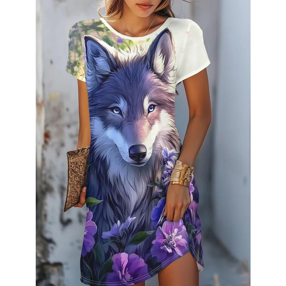 Cute Colorful Animals Dress Summer Casual Short Sleeve O-Neck 3D Print Comfortable Fashionable Ladies Oversized Dress