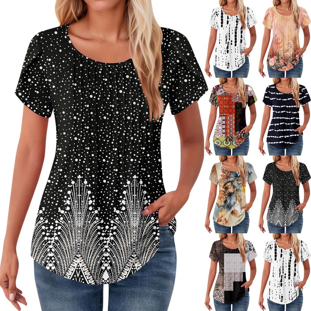 Womens Tops Petal Short Sleeve Summer Round Neck Shirts Floral  Printing Blouses For Women Dressy Casual