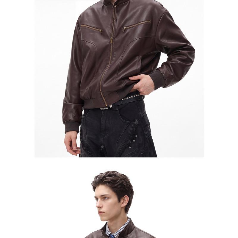 American Windproof Stand-up Collar PU Leather Jacket Men's Autumn Retro Loose Silhouette Locomotive Jacket Pu Leather Jacket