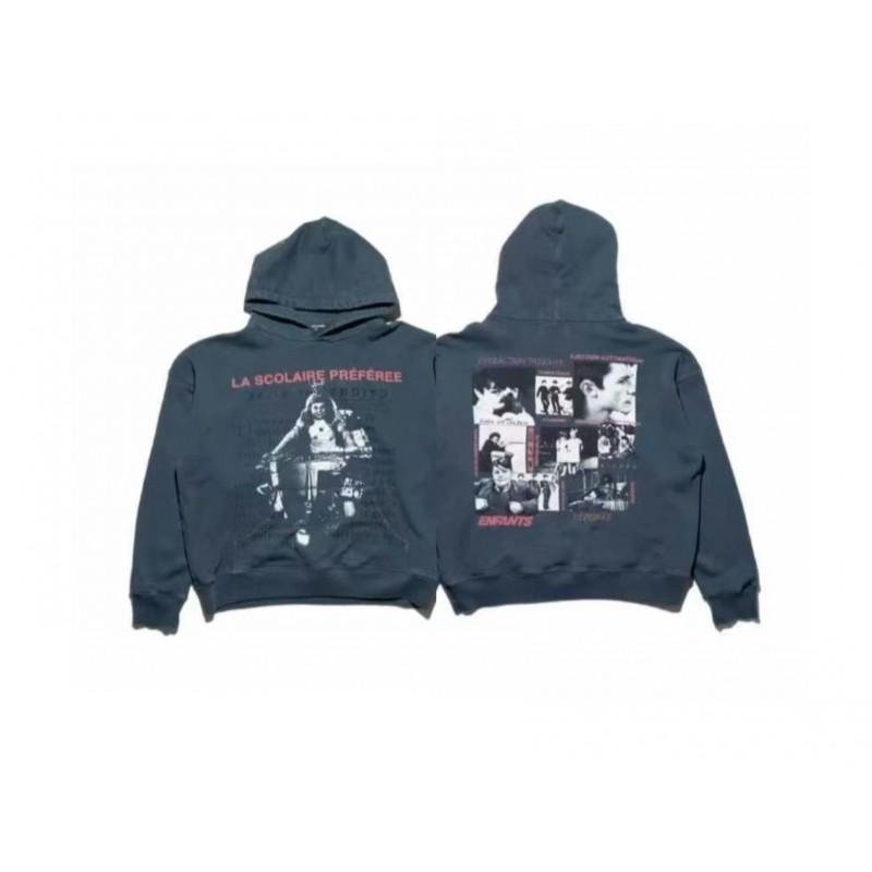 Mens Oversized Washed Blue Workwear-Style Hoodie Streetwear Casual Sweatshirt Fall 2025