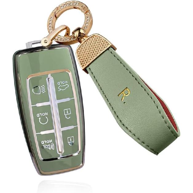 SANRILY Goldrand 6-Tasten Schlüsselanhänger Hülle für Genesis GV70 2021 2022 G90 G70 G80 GV80 Keyless Vollschutz Schlüsselanhänger Hülle mit Leder Schlüsselanhänger