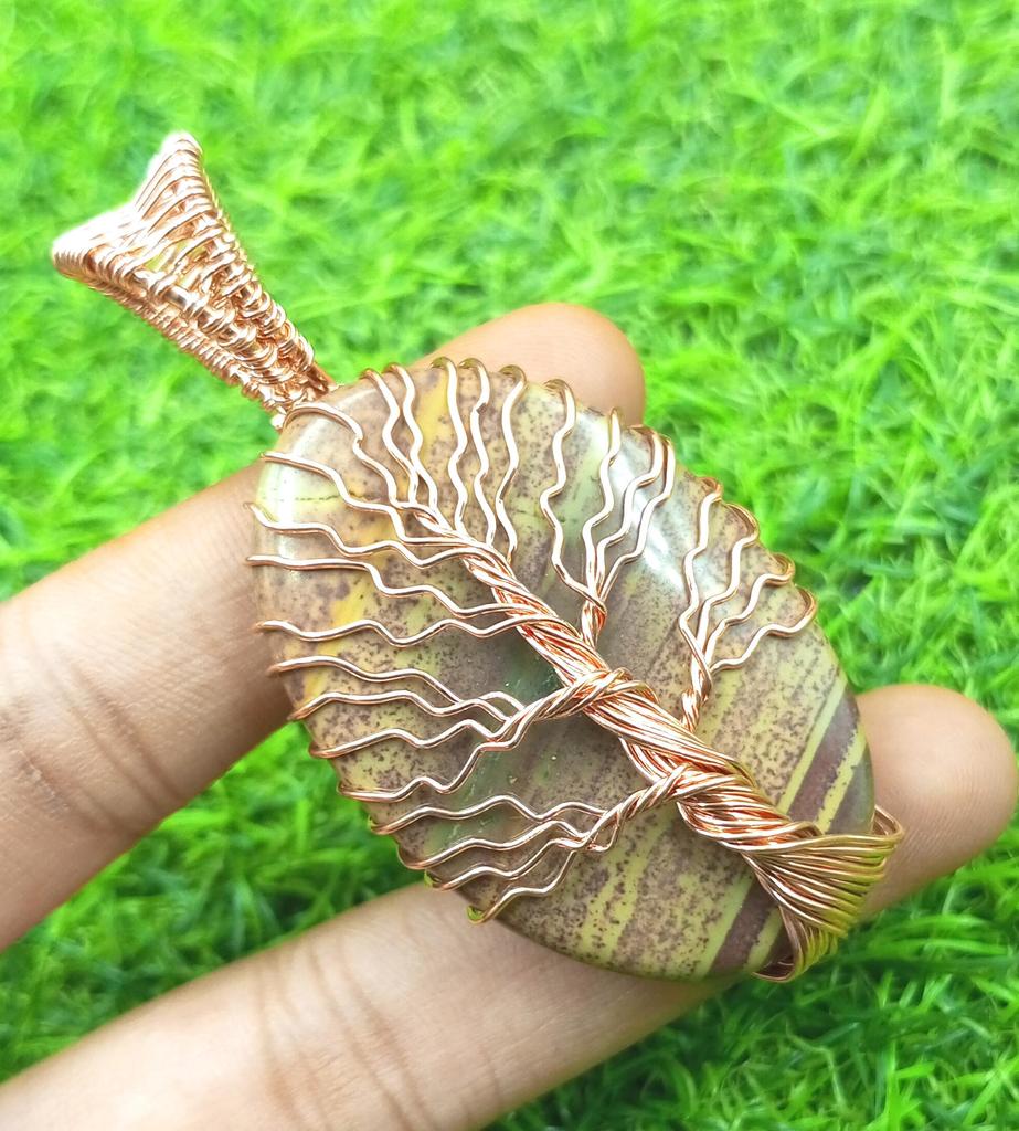 American Picasso Jasper Gemstone Handmade Copper Wire Wrap Tree Of Life Pendant Jewelry