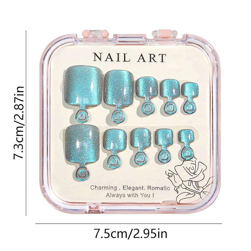 10Pcs/Box  Cat Eye Shining Diamond Toe False Nail Handmade Wearing Armor Short Press On Nails For Toes Faux
