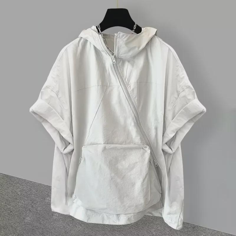 Men's Summer Korean Style Hooded Zipper Workwear T-Shirt with Large Pockets