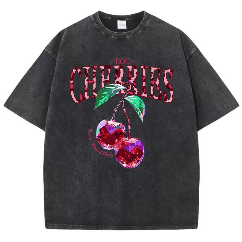 Crystal Cherries Washed TShirts Women Cotton Tees Fruit Letter Print Tops Oversize Distressed Short Sleeve Summer Woman Clothes
