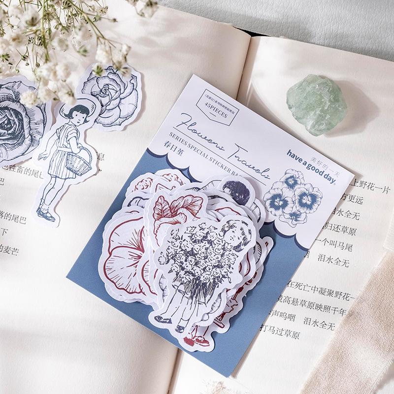 45 st Retro Handmålade Blomsterfigur Bladklistermärken Konstnärlig Akvarellstil Dagbok DIY Dekorationsmaterial